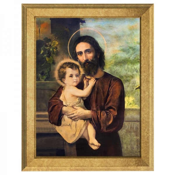 święty Józef obraz w złotej ramie na półtonie z dzieciątkiem z Jezusem, święty Józef obrazy religijne