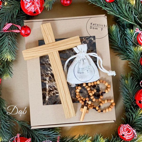 Box prezentowy 1. Krzyż wzorzysty jesionowy lub dębowy + różaniec z drzewa oliwnego z Betlejem